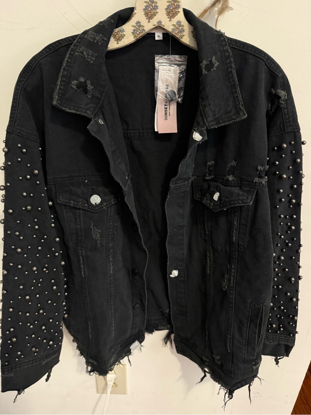 NWT SUNSET+SPRING Black Pearl Embellished Distressed Oversized Denim Jacket M&S